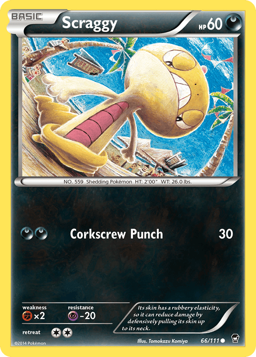 A Scraggy (66/111) [XY: Furious Fists] Pokémon card with 60 HP from the XY Furious Fists set. This common, orange creature with a large yellow head appears smiling in a jungle setting. Its moves include "Corkscrew Punch" that deals 30 damage. Weakness: Fairy ×2. Resistance: Psychic -20. Illustrator: Tomokazu Komiya.