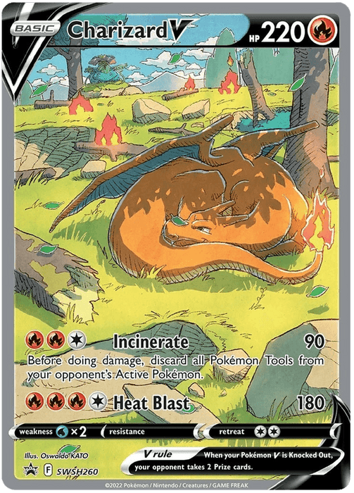 A Pokémon card for Charizard V (SWSH260) [Sword & Shield: Black Star Promos], part of the Sword & Shield promo series, showcases Charizard curled up and sleeping amidst a grassy landscape with burned patches. The background features trees and flames. With 220 HP, it has two attacks: Incinerate (90 damage) and Heat Blast (180 damage). Weakness: Water.