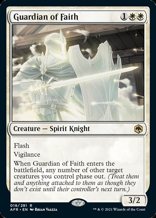 Image of a Magic: The Gathering card titled "Guardian of Faith [Dungeons & Dragons: Adventures in the Forgotten Realms]" from the Adventures in the Forgotten Realms set. It costs one white and two generic mana, featuring a 3/2 Spirit Knight with Flash and Vigilance. Its ability phases out any number of target creatures you control when it enters the battlefield. Artwork by Brian Valeza.