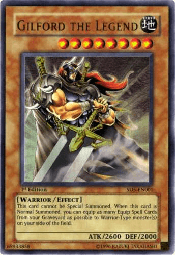 A "Yu-Gi-Oh!" trading card featuring "Gilford the Legend [SD5-EN001] Ultra Rare," an Ultra Rare Warrior-Type monster with 2600 ATK and 2000 DEF. Set against a beige background, this armored warrior wields two swords. The card set ID is SDS-EN001, and it is marked as 1st Edition.
