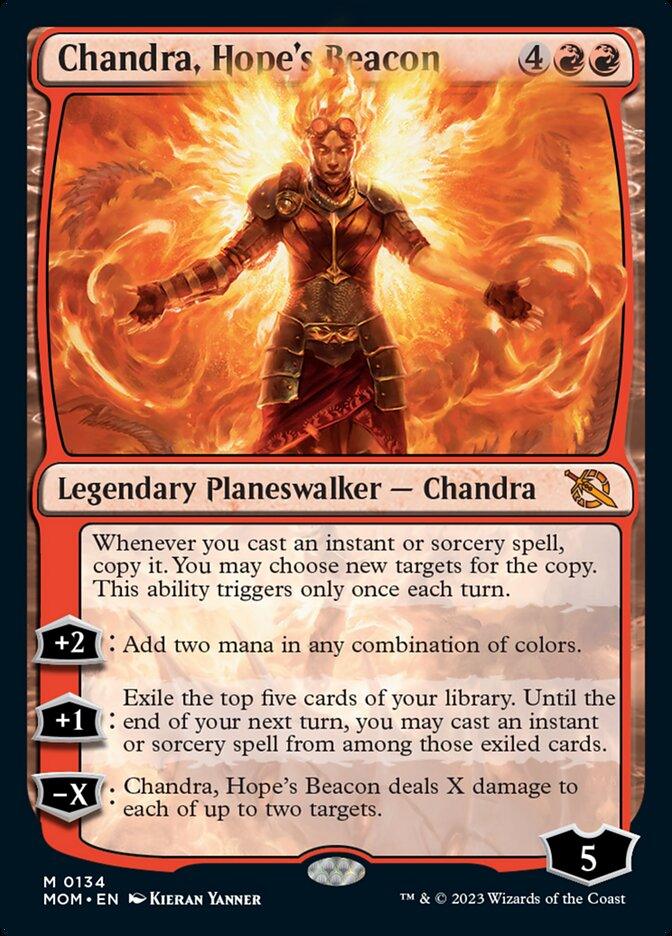 A Magic: The Gathering card titled "Chandra, Hope's Beacon [March of the Machine]" depicts the Legendary Planeswalker Chandra, a fiery figure with glowing hands. The red-orange card features a black border and various abilities. Set amid the chaos of March of the Machine, it commands fire with its 4RR mana cost and loyalty score of 5.