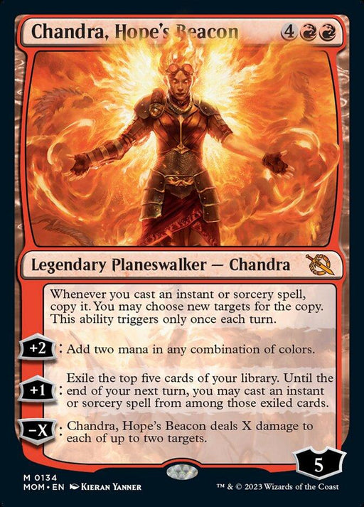 A Magic: The Gathering card titled "Chandra, Hope's Beacon [March of the Machine]" depicts the Legendary Planeswalker Chandra, a fiery figure with glowing hands. The red-orange card features a black border and various abilities. Set amid the chaos of March of the Machine, it commands fire with its 4RR mana cost and loyalty score of 5.