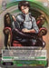 Trading card featuring an anime character with black hair, sitting on a red and gold ornate chair, holding a teacup. They wear a white ascot, long-sleeved shirt, tight dark pants, and boots. Text on the super rare card indicates "Violent Ripples" Levi (AOT/S35-E033S SR) [Attack on Titan], with various attributes and statistics. This Bushiroad product is highly sought after by collectors.