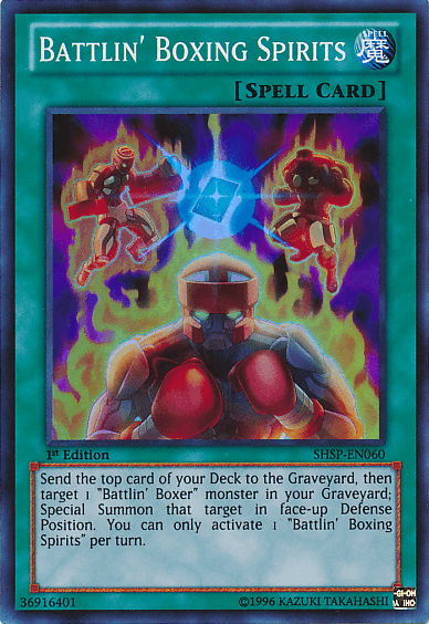 The image displays the Yu-Gi-Oh! Super Rare card "Battlin' Boxing Spirits" [SHSP-EN060] from the Shadow Specters set. It depicts a Battlin' Boxer, a robotic fighter with glowing eyes, red armor, and blue gloves. The card text describes its gameplay effects and includes the 1st edition marking.