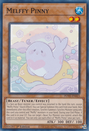 A Yu-Gi-Oh! trading card named "Melffy Pinny [POTE-EN023] Common" features an adorable blue seal-like creature with a fin raised. This BEAST, TUNER, EFFECT, WATER card has ATK 300 and DEF 100. Known for its detailed effect text and potential in Synchro Summon strategies, it hails from the 1st Edition with the code.