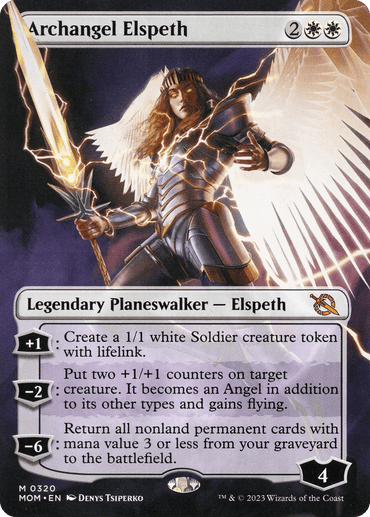 A Magic: The Gathering card titled "Archangel Elspeth (Borderless Alternate Art) [March of the Machine]". This Mythic card shows a female angelic figure in armor holding a radiant sword, with white wings extended. It's of the "Legendary Planeswalker - Elspeth" type from the March of the Machine set, with mana cost 2 white, 2 colorless, and abilities detailed below her image.