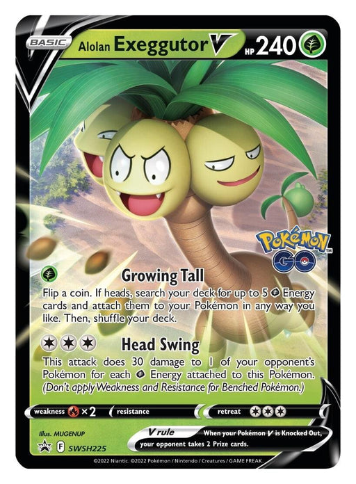 Image of an Alolan Exeggutor V (SWSH225) [Sword & Shield: Black Star Promos] Pokémon card. The card displays Alolan Exeggutor, a palm tree-like Grass Pokémon with three expressive coconut heads. Featuring 240 HP and the moves "Growing Tall" and "Head Swing," this Black Star Promo is part of the Sword & Shield series with card number SWSH225.