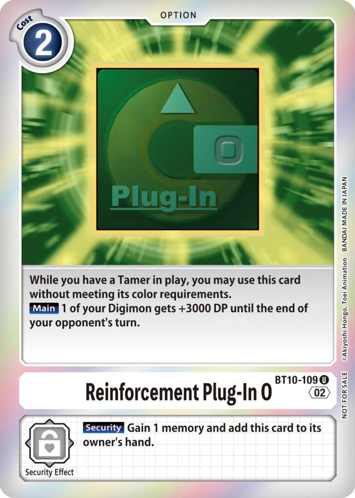 The image showcases a trading card named "Reinforcement Plug-In 0 [BT10-109] (Event Pack 4) [Xros Encounter Promos]" from the Digimon game. Set against a green background with the text "Plug-In" in the center, it provides +3000 DP to one Digimon and features a security effect for gaining 1 memory and returning to hand. This Tamer-friendly card costs 2.