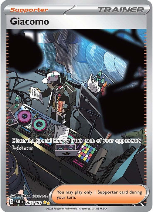 A Special Illustration Rare Pokémon Trainer card showcases Giacomo, a character with headphones and a cap, DJing at a neon-lit booth. Surrounded by DJ equipment, vinyl records, and an electric keyboard, the text reads: "Discard a Special Energy from each of your opponent's Pokémon," emphasizing his role as a Paldea Evolved Supporter. This card is Giacomo (267/193) [Scarlet & Violet: Paldea Evolved] from the Pokémon brand.
