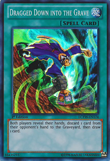 An image of a Yu-Gi-Oh! product named "Dragged Down into the Grave [LCYW-EN174] Super Rare." The card features a figure in purple robes pulling another surrounded by green and blue mystical energy. Annotated as Super Rare, first edition with code LCYW-EN174.