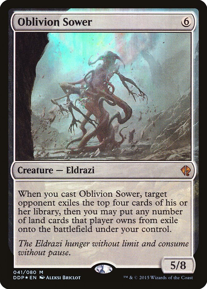 A Magic: The Gathering card from the brand's Duel Decks series, specifically titled "Oblivion Sower [Duel Decks: Zendikar vs. Eldrazi]," is a colorless Eldrazi creature with a mana cost of 6. The artwork captures a menacing, towering Eldrazi adorned with numerous tentacles and glowing eyes, set against a dark and otherworldly backdrop. This formidable creature boasts a power and toughness of 5/8.