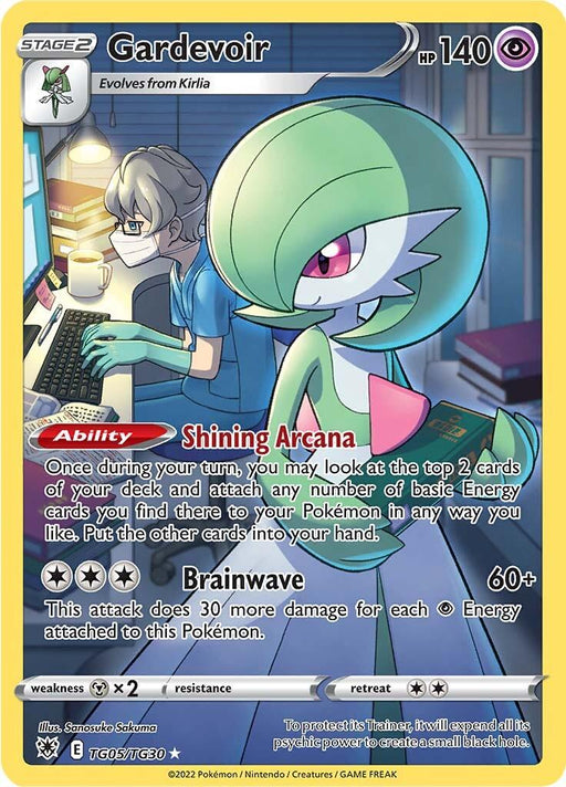 A Pokémon trading card featuring Gardevoir (TG05/TG30) [Sword & Shield: Astral Radiance] from Pokémon. Gardevoir stands elegantly, with a green body, white flowing gown-like lower half, and red chest spike, holding a purple book. This Secret Rare card has 140 HP and abilities "Shining Arcana" and "Brainwave.
