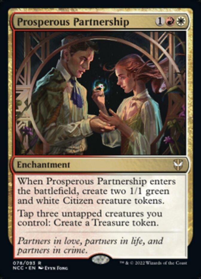 Magic: The Gathering Prosperous Partnership [Streets of New Capenna Commander] card. It depicts a well-dressed man and woman gazing at a glowing blue gem. The spell costs 1 red and 1 white mana, creates Citizen tokens, and generates Treasure tokens when tapping three creatures. Text reads: 'Partners in love, partners in life, and partners in crime.'