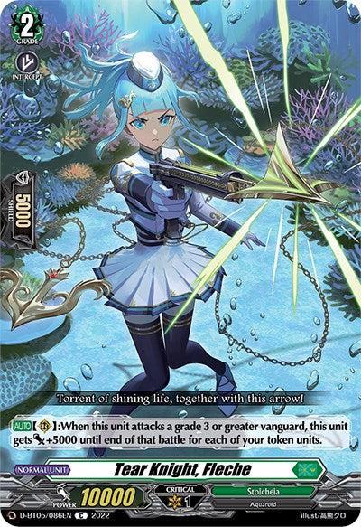 A fantasy card named Tear Knight, Fleche (D-BT05/086EN) [Triumphant Return of the Brave Heroes] from Bushiroad features a blue-haired female warrior. She is depicted holding a glowing, bow-like weapon aimed forward and surrounded by magical green arrows. Wearing detailed silver and blue armor, she showcases 10,000 power and 1 critical point. The card belongs to the Triumphant Return of the Brave Heroes series and contains intricate text describing her abilities.