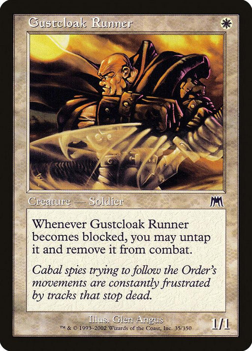 A Magic: The Gathering card titled "Gustcloak Runner [Onslaught]" from the Magic: The Gathering set. It features a Human Soldier with a stern expression, holding a shield and leaning forward. The card text states its special ability, and Glen Angus's illustration captures the determined warrior perfectly, with flavor text at the bottom.
