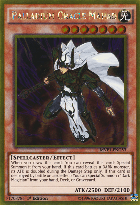 A Yu-Gi-Oh! trading card named "Palladium Oracle Mahad [MVP1-ENG53] Gold Rare," featured in *The Dark Side of Dimensions*. The artwork showcases a wizard in white and gold armor, wielding a staff. This LIGHT attribute Gold Rare Effect Monster boasts 2500 ATK and 2100 DEF stats, belonging to the MVP1 series.