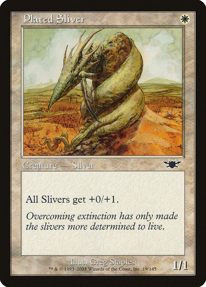 A Plated Sliver [Legions] Magic: The Gathering card from the Legions set. The creature, with its armor-like plating, stands in a barren landscape. It has a segmented body and spiked, curled tail. This Plated Sliver [Legions] grants a +0/+1 buff to all Slivers and states, 