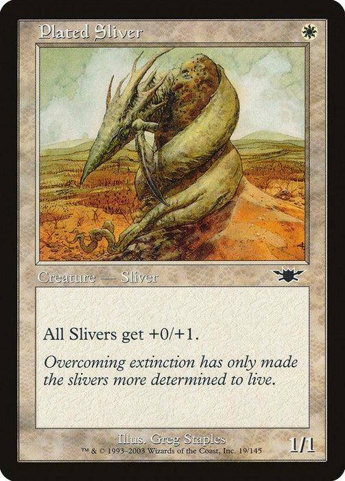 A Plated Sliver [Legions] Magic: The Gathering card from the Legions set. The creature, with its armor-like plating, stands in a barren landscape. It has a segmented body and spiked, curled tail. This Plated Sliver [Legions] grants a +0/+1 buff to all Slivers and states, "Overcoming extinction has only made the slivers more determined to live.