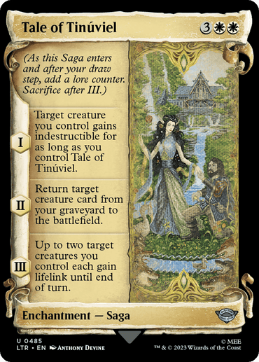 The image is a Magic: The Gathering card titled "Tale of Tinuviel" from "The Lord of the Rings: Tales of Middle-Earth Showcase Scrolls." It depicts a woman in a forest with birds and murals. This Enchantment—Saga card requires 3 generic mana and 2 white mana, detailed on brown parchment with a gold border.