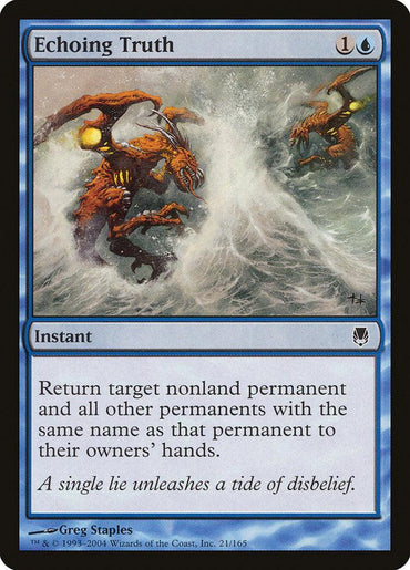 The Magic: The Gathering card "Echoing Truth [Darksteel]" showcases an instant depicting two mythical sea creatures engaged in a battle amidst stormy waters. By spending one colorless and one blue mana, it allows the player to return a target nonland permanent, along with all others sharing its name, back to their owners' hands.