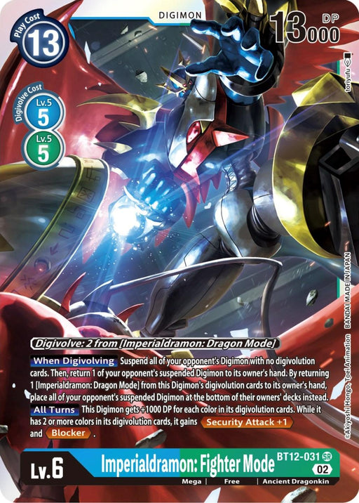 A Digimon trading card featuring Imperialdramon: Fighter Mode [BT12-031] [Across Time]. The Super Rare card displays a robotic Ancient Dragonkin with blue, red, and silver armor, wielding a sword and shield. The text describes its abilities, evolution cost, and stats: Level 6, 13,000 DP. The card number is BT12-031.