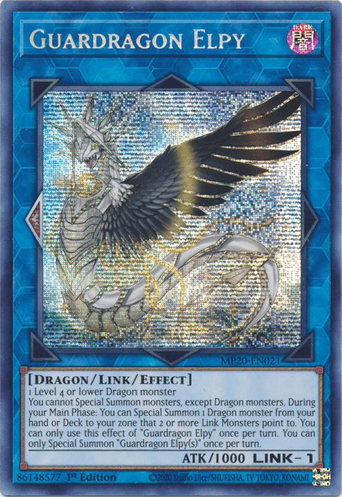 A Yu-Gi-Oh! trading card titled "Guardragon Elpy [MP20-EN021] Prismatic Secret Rare" from the 2020 Tin of Lost Memories. It features a dragon with white feathers, a serpentine body, and golden armor. The holographic blue background sparkles beautifully. As a Prismatic Secret Rare, it boasts 1000 ATK and LINK-1 in its Dragon/Link/Effect type text.