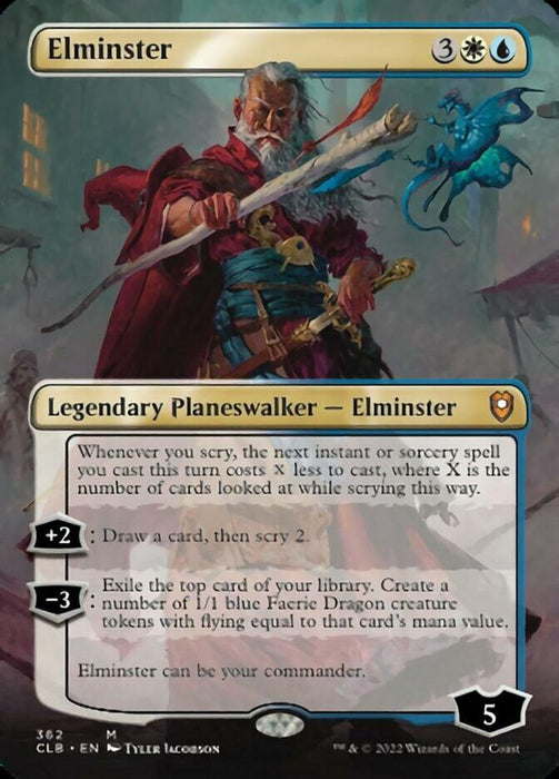 A Magic: The Gathering card from Commander Legends: Battle for Baldur's Gate depicts Elminster (Borderless) [Commander Legends: Battle for Baldur's Gate], a legendary planeswalker. He has 5 loyalty points and abilities that enhance sorcery efficiency and generate Faerie Dragon tokens. The card's artwork showcases Elminster casting a spell, with mystical visuals and a blue creature at his side.
