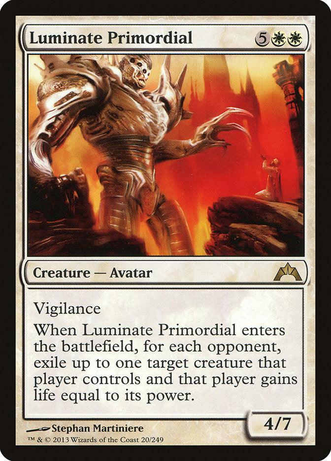 The image displays the rare Luminate Primordial [Gatecrash] Magic: The Gathering card. It has a mana cost of 5 green/white and features a creature with 4 power and 7 toughness. The card has Vigilance and an entrance effect that exiles opponent creatures, granting the player life equal to their power.