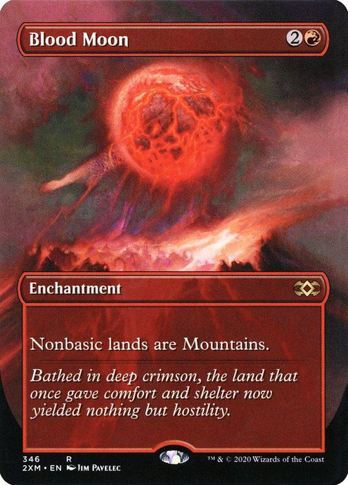 The image shows a Blood Moon (Toppers) [Double Masters] card from Magic: The Gathering. The artwork depicts a large blood-red moon over a dark, barren landscape. The Enchantment card turns nonbasic lands into Mountains. The flavor text reads, "Bathed in deep crimson... but hostility." The cost is 2R, and the artist is Jim Pavelec.