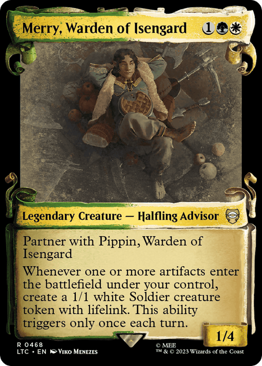 A Magic: The Gathering card titled "Merry, Warden of Isengard [The Lord of the Rings: Tales of Middle-Earth Commander Showcase Scrolls]". The card features an illustration of a halfling resting on grass, surrounded by food and drink. The content halfling holds a mug. As a Legendary Creature, the card text describes the character's abilities and includes the artist's credit.