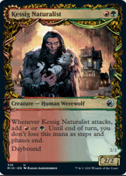 A Magic: The Gathering card titled "Kessig Naturalist // Lord of the Ulvenwald (Showcase Equinox)" from Innistrad: Midnight Hunt. This Human Werewolf, depicted with long hair holding a small animal against a backdrop of a warmly-lit village, has abilities including generating red or green mana when it attacks. Its power and toughness are 2/2.