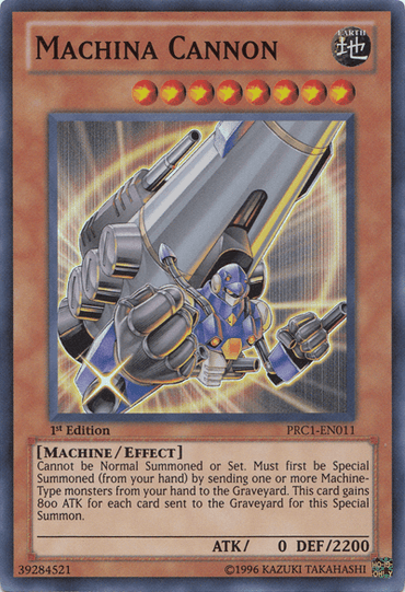 A "Yu-Gi-Oh!" trading card named Machina Cannon [PRC1-EN011] Super Rare. The Super Rare card displays a large, blue mechanical robot with a massive cannon on its shoulder. It is an Effect Monster with 7 stars, Earth attribute, 0 ATK and 2200 DEF. When Special Summoned, it gains 800 ATK.