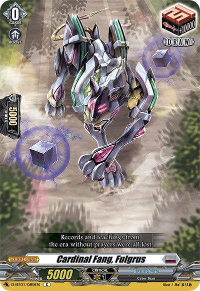 A trading card from the game "Cardfight!! Vanguard," produced by Bushiroad, features "Cardinal Fang, Fulgrus" (D-BT01/089EN) from the [Genesis of the Five Greats] collection. The cyber beast with sharp claws is depicted amid purple cubes against a futuristic landscape from Brandt Gate. The text detailing its abilities reads: "Grade 0, Power 5000, Critical 1, Shield +10000.