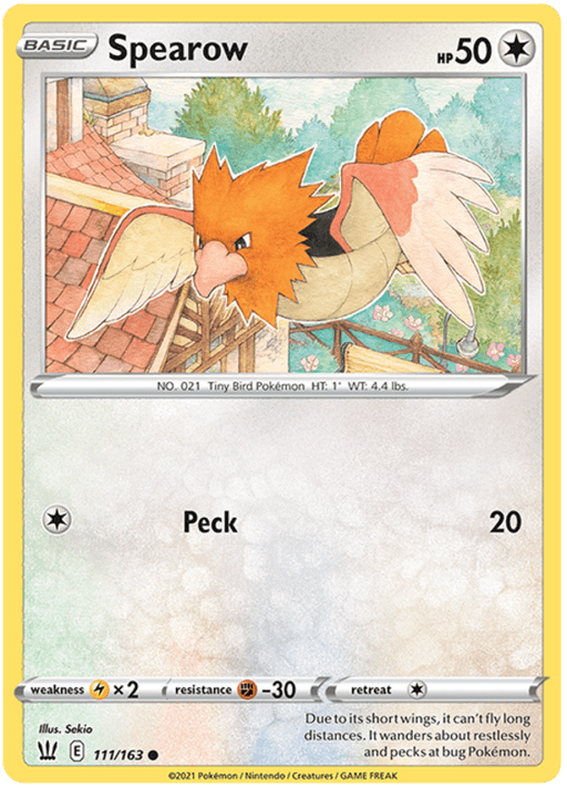 A Pokémon Spearow (111/163) [Sword & Shield: Battle Styles], labeled as a "Tiny Bird Pokémon," from the Sword & Shield Battle Styles series. It has 50 HP and is depicted flying next to a building with a red roof and surrounded by greenery. This Colorless type's move "Peck" deals 20 damage. The card number is 111/163, illustrated by Sekio.