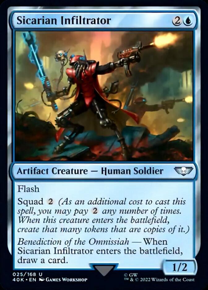 A Magic: The Gathering card titled "Sicarian Infiltrator [Warhammer 40,000]." It's a blue and white Artifact Creature featuring an armored human soldier with red and blue gear, holding a gun, and surrounded by a smoky battlefield. Key abilities include Flash and Squad, along with a special drawing effect. Power and toughness are 1/2.