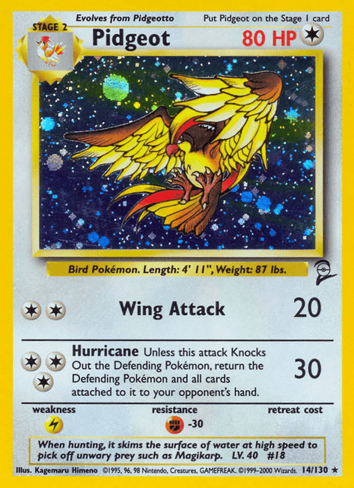 A Pidgeot (14/130) [Base Set 2] Pokémon card from the Base Set 2 with 80 HP. The Holo Rare card illustration showcases a flying Pidgeot, a Colorless bird Pokémon with yellow and red plumage, against a starry night sky. It displays two attacks: Wing Attack (20 damage) and Hurricane (30 damage), along with weaknesses, resistances, and retreat cost details.
