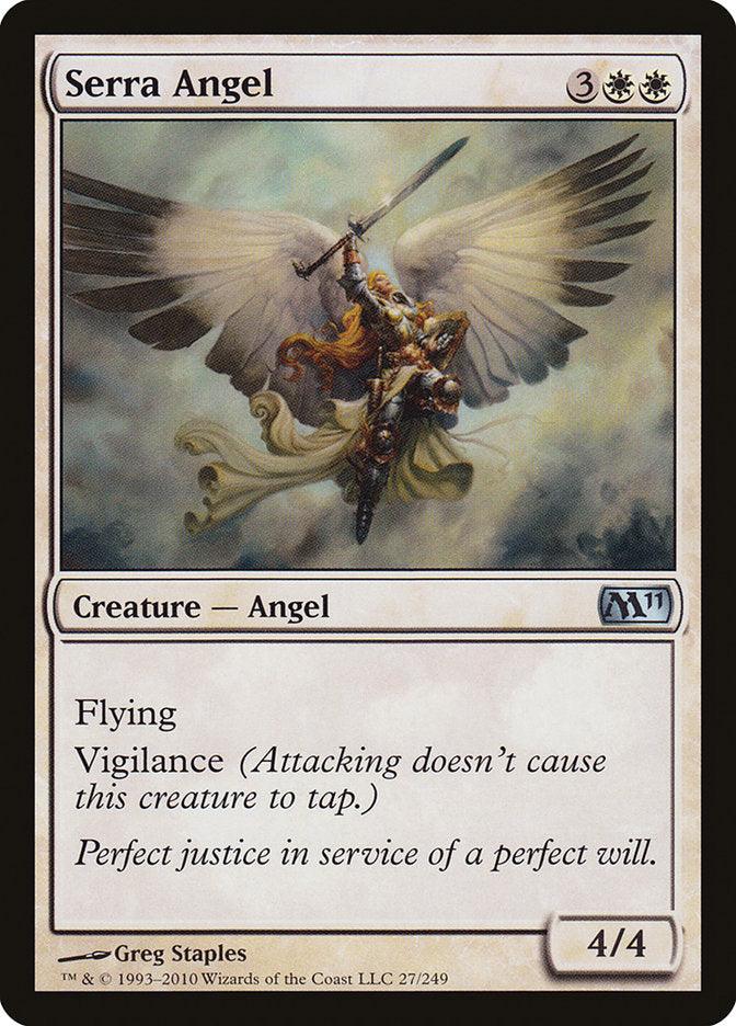 The Magic 2011 Serra Angel card from Magic: The Gathering, illustrated by Greg Staples, features a majestic 4/4 Creature Angel with Flying and Vigilance. It wields a sword while hovering in a cloudy sky and costs 3 generic plus 2 white mana.