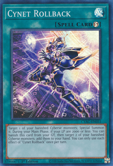 Image of the Yu-Gi-Oh! card "Cynet Rollback [CYAC-EN051] Super Rare." The Super Rare Quick-Play Spell Card artwork features a futuristic, armored humanoid figure wielding energy weapons, set against a digital, cosmic background. The card text explains its effects and usability with Cyberse monsters in the game, with a cyan border and unique code at the bottom.