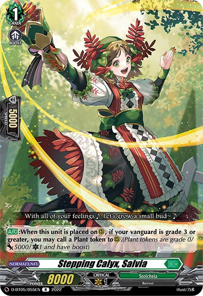 The Bushiroad card "Stepping Calyx, Salvia (D-BT05/055EN)" from the *Triumphant Return of the Brave Heroes* set showcases an illustrated character in a vibrant green and red outfit adorned with flower motifs. She spreads her arms joyfully amidst a background of Stoicheia plants. The card features stats: Grade 1, Power 8000, Shield 5000, Critical 1.