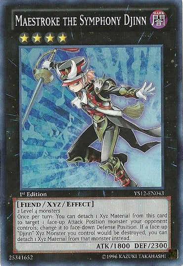 A Yu-Gi-Oh! card titled "Maestroke the Symphony Djinn [YS12-EN043] Super Rare." The Super Rare card features a humanoid figure in a conductor's outfit with a baton. It's a Dark attribute, Rank 4 Fiend Xyz/Effect Monster with 1800 ATK and 2300 DEF. Card text and stats fill the lower half, set against an Xyz Symphony of blue.