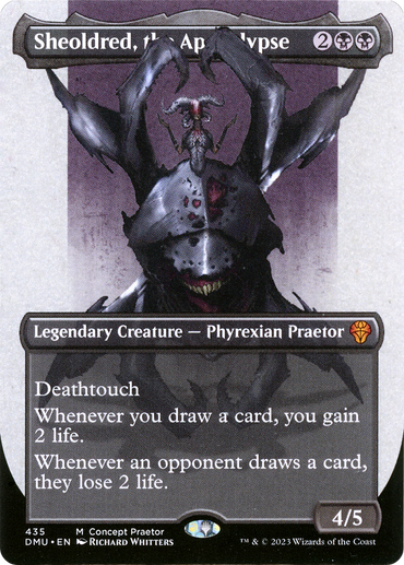 The Magic: The Gathering card, Sheoldred, the Apocalypse (Borderless Concept Praetors) from Phyrexia: All Will Be One, features a Legendary Creature with a dark, gothic design. This Phyrexian Praetor is equipped with Deathtouch and has the ability to drain life when cards are drawn. With a power and toughness of 4/5, it stands as a truly formidable presence.