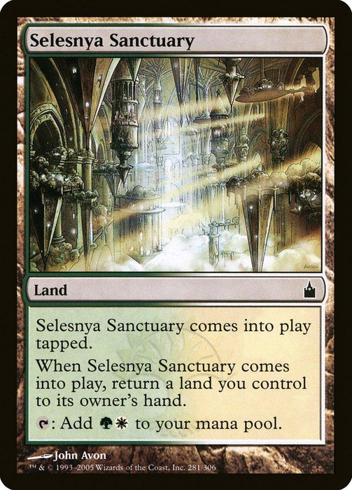 A Magic: The Gathering card named "Selesnya Sanctuary [Ravnica: City of Guilds]" showcases a grand, arch-filled sanctuary with glowing ethereal light. Illustrated by John Avon, this land card enters tapped, returns a land to its owner's hand, and taps for green and white mana. It's a key location in Ravnica’s lore.