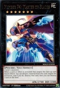 A Yu-Gi-Oh! card titled "Number 74: Master of Blades [MAGO-EN058] Rare." This 1st Edition Xyz/Effect Monster features an armored figure wielding glowing blue blades. With 2700 ATK and 2300 DEF, the card is shrouded in a dark, mystical aura. The dynamic figure is mid-action.