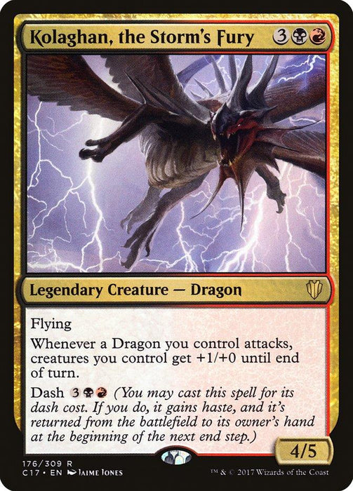 A Magic: The Gathering card named "Kolaghan, the Storm's Fury [Commander 2017]" from Magic: The Gathering. This Legendary Creature - Dragon costs 3 generic, 1 black, and 1 red mana. With flying, it grants +1/+0 to attacking Dragons and has a dash cost of the same. It stands as a formidable 4/5 card.