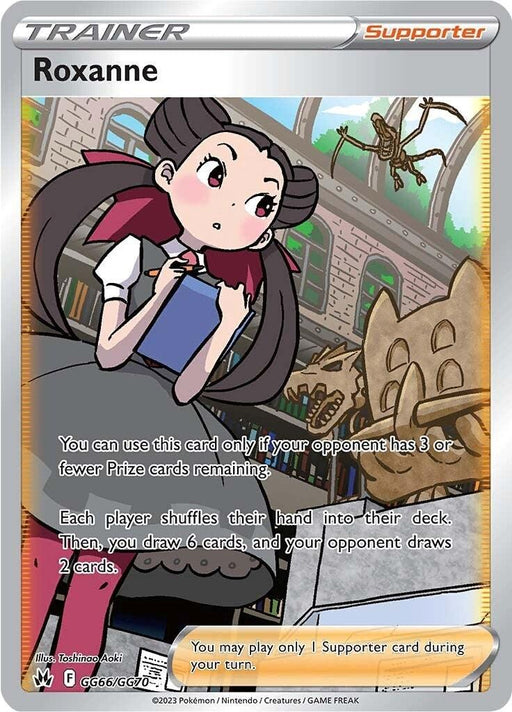 A Pokémon Trainer card from the Crown Zenith set, featuring Roxanne and titled "Roxanne (GG66/GG70) [Sword & Shield: Crown Zenith]." The Ultra Rare card displays Roxanne in an animated style, holding a book and looking thoughtfully to the side. The background shows the exterior of a museum. The card explains its effect and includes the illustrator’s info and copyright details.