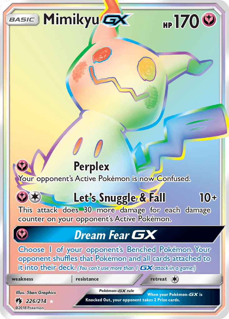 A Pokémon trading card featuring Mimikyu GX (226/214) [Sun & Moon: Lost Thunder] with a pink and gray border from the Sun & Moon series. The card, part of the Secret Rare set, depicts Mimikyu in its Pikachu disguise. Its moves include Perplex, Let’s Snuggle & Fall, and Dream Fear GX. The card has 170 HP and number 