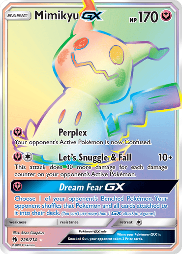 A Pokémon trading card featuring Mimikyu GX (226/214) [Sun & Moon: Lost Thunder] with a pink and gray border from the Sun & Moon series. The card, part of the Secret Rare set, depicts Mimikyu in its Pikachu disguise. Its moves include Perplex, Let’s Snuggle & Fall, and Dream Fear GX. The card has 170 HP and number "226/214" at the bottom left corner.