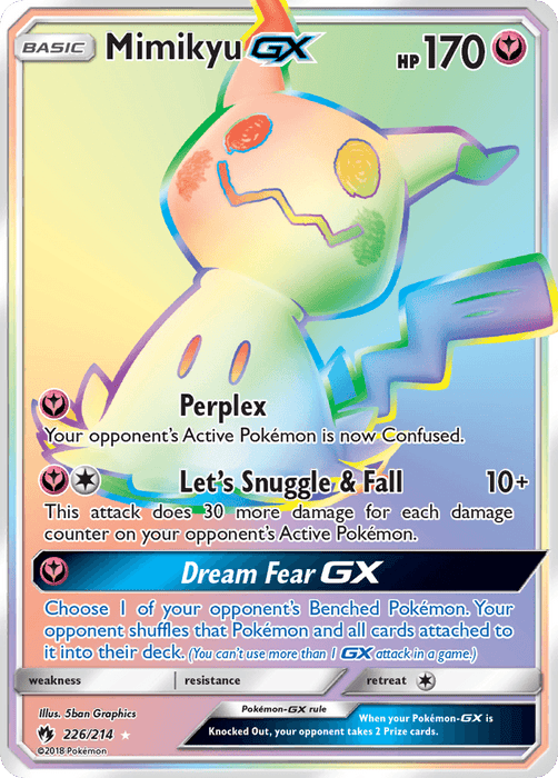 A Pokémon trading card featuring Mimikyu GX (226/214) [Sun & Moon: Lost Thunder] with a pink and gray border from the Sun & Moon series. The card, part of the Secret Rare set, depicts Mimikyu in its Pikachu disguise. Its moves include Perplex, Let’s Snuggle & Fall, and Dream Fear GX. The card has 170 HP and number "226/214" at the bottom left corner.