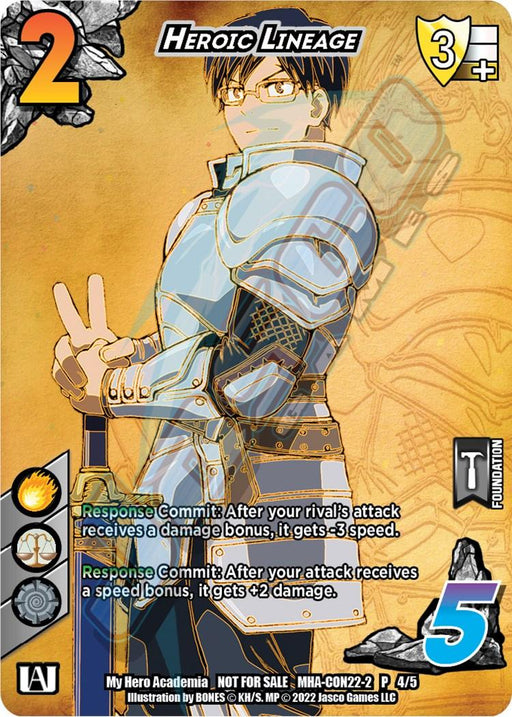 A foundation card from the game "My Hero Academia." The heading reads "Heroic Lineage (Gencon 2022) [Crimson Rampage Promos]." The promo card features a character in armor making a peace sign. It has game stats including a 2-cost, 3+ difficulty, 5 control, and descriptive abilities. The background has a yellow and blue color scheme with various icons. This product is part of the UniVersus brand.