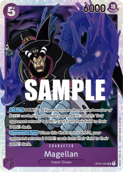 A Bandai Magellan [Paramount War] trading card featuring the character Magellan from "One Piece." The card has a purple and blue swirling background with a prominent "SAMPLE" watermark across the middle. Magellan, a menacing figure in a dark outfit and cape, is in the foreground, surrounded by text and game statistics.